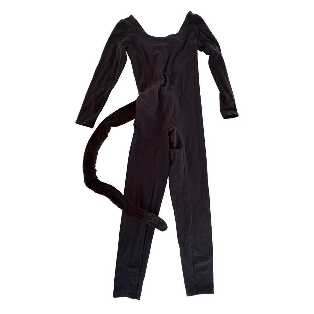 Black Cat Costume SZ M Unitard Jumpsuit Long Faux Fur Tail Halloween Cosplay